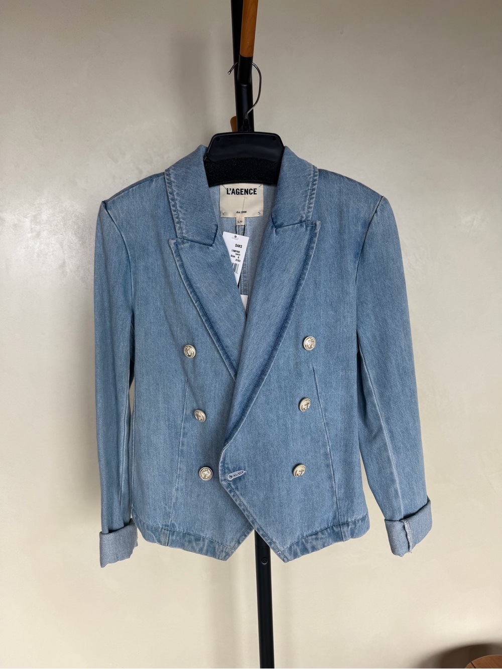 L'AGENCE Light Blue Denim Double-Breasted Blazer Jacket